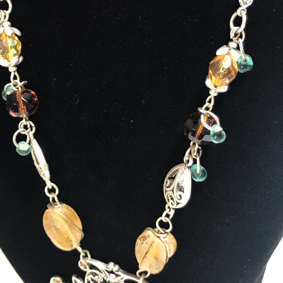 Chico's Silver Tone Green Yellow Tan Amber Stone Emblem Statement Necklace - Picture 7 of 12